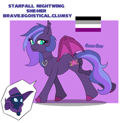 Size: 3997x3997 | Tagged: safe, artist:cookie-ruby, derpibooru import, mare do well, oc, oc only, oc:starfall nightwing, bat pony, pony, g4, asexual pride flag, bat pony oc, butt, concave belly, fangs, jewelry, necklace, passepartout, plot, ponysona, pride, pride flag, solo