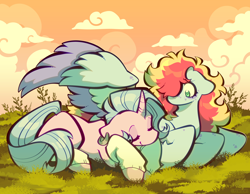 Size: 8000x6202 | Tagged: safe, artist:pewiowl, derpibooru import, oc, pegasus, pony, unicorn, art, cuddling, digital art, horn, outdoors, sleeping, sunset