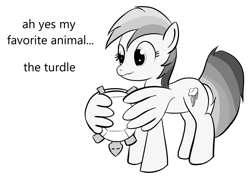 Size: 1205x892 | Tagged: safe, artist:anonymous, derpibooru import, rainbow dash, pegasus, pony, tortoise, turtle, g4, drawthread, female, grayscale, mare, mispronunciation, monochrome, ponified manga, requested art, simple background, solo, white background, wing hands, wing hold, wings