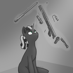 Size: 1000x1000 | Tagged: safe, artist:chgnk3r, derpibooru import, oc, oc only, oc:tungsten shell, pony, unicorn, glowing, glowing horn, grayscale, green eyes, gun, horn, magic, magic aura, male, military, monochrome, ponies with guns, sitting, solo, stallion, telekinesis, weapon