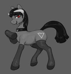 Size: 907x941 | Tagged: safe, artist:hadmyway, derpibooru import, oc, oc only, oc:phalia, demon, demon pony, bedroom eyes, black mane, choker, clothes, demon horns, female, gray background, gray coat, hoof on chest, horns, looking at you, mare, open mouth, open smile, red eyes, simple background, smiling, solo, stockings, thigh highs