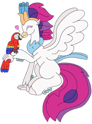 Size: 1976x2649 | Tagged: safe, artist:supahdonarudo, derpibooru import, queen novo, bird, classical hippogriff, hippogriff, parrot, g4, cute, eyes closed, female, heart, macaw, novobetes, nuzzling, scarlet macaw, simple background, sitting, spread wings, transparent background, wings