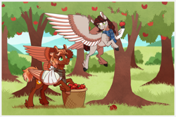 Size: 2100x1400 | Tagged: safe, artist:inuhoshi-to-darkpen, derpibooru import, oc, oc:golden flare, oc:mellow mare, pegasus, pony, apple, apple picking, apple tree, bandage, broken bone, broken wing, cast, clothes, colored hooves, colored wings, commission, female, food, freckles, friends, hooves, injured, male, nonbinary, outdoors, passepartout, pegasus oc, ponified, scarf, short tail, sling, species swap, stallion, tail, tree, unshorn fetlocks, wings