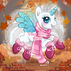 Size: 2400x2400 | Tagged: safe, artist:sparkytopia, derpibooru import, pony, advertisement, autumn, blank pony, boots, clothes, commission, scarf, shoes, solo, text, your character here