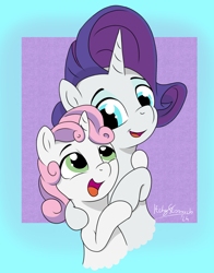 Size: 1754x2232 | Tagged: safe, artist:itchystomach, derpibooru import, rarity, sweetie belle, pony, unicorn, g4, abstract background, female, horn, hug, looking at each other, looking at someone, passepartout, sibling love, siblings, sisterly love, sisters