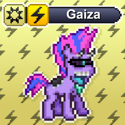 Size: 1024x1024 | Tagged: safe, artist:yotesmark, derpibooru import, oc, oc only, oc:gaiza, cyclops, earth pony, original species, pony, battle gem ponies, crossover, cyberpunk, cyclops pony, digital art, eye beams, gem, goggles, horns, pixel art, pokémon, ponymon, punk, purple mane, smiling, text, video game