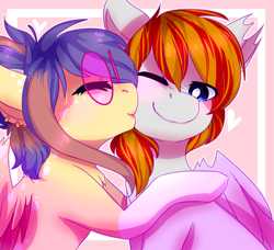 Size: 4000x3650 | Tagged: safe, artist:amiicommissions, derpibooru import, oc, oc only, oc:cookie, oc:heartfire, pegasus, pony, digital art, duo, female, glasses, kissing, male, mare, stallion