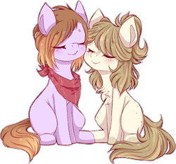 Size: 1438x1336 | Tagged: safe, artist:amiicommissions, derpibooru import, oc, oc only, oc:sabrina, oc:tegan, earth pony, pony, bandana, cheek to cheek, chest fluff, duo, eyes closed, female, freckles, lesbian, mare, oc x oc, outline, simple background, sitting, smiling, transparent background, white outline