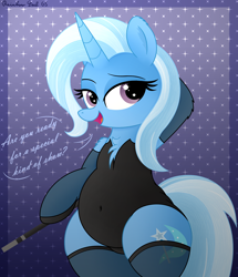 Size: 2928x3406 | Tagged: safe, artist:rainbowšpekgs, derpibooru import, trixie, pony, unicorn, g4, bedroom eyes, bipedal, black leotard, chubby, clothes, dialogue, hind legs, horn, legs together, leotard, magic wand, magician, open mouth, speech bubble, standing, stockings, thigh highs, trixie's leotard