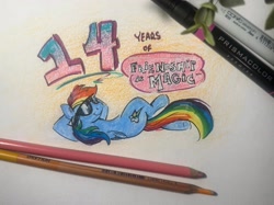 Size: 2048x1534 | Tagged: safe, artist:flutterpawss, derpibooru import, rainbow dash, pegasus, pony, g4, colored pencil drawing, female, lying down, mare, mlp fim's fourteenth anniversary, on back, pencil, pencil drawing, photo, solo, sunglasses, traditional art