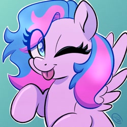 Size: 1280x1280 | Tagged: safe, artist:flutterpawss, derpibooru import, oc, oc only, oc:flutters, pegasus, pony, ;p, eye clipping through hair, female, looking at you, mare, one eye closed, raspberry, smiling, solo, spread wings, tongue, tongue out, wings, wink