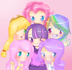 Size: 445x432 | Tagged: safe, artist:melodiclolita, derpibooru import, applejack, fluttershy, pinkie pie, rainbow dash, rarity, twilight sparkle, human, g4, blushing, gradient background, humanized, looking at you, mane six, one eye closed, peace sign, smiling, smiling at you, wink, winking at you