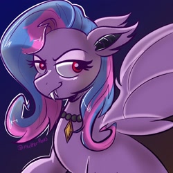 Size: 3000x3000 | Tagged: safe, artist:flutterpawss, derpibooru import, oc, oc:flutters, bat pony, pony, ears back, fangs, female, lidded eyes, mare, solo, spread wings, wings