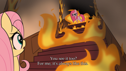 Size: 1920x1080 | Tagged: safe, artist:cortavi, derpibooru import, fluttershy, pinkie pie, earth pony, pegasus, pony, g4, burning, crossover, dialogue, duo, female, fire, indoors, mare, open mouth, pinkamena diane pie, sad, silent hill, silent hill 2, smoke, stairs, text, video game