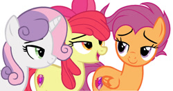 Size: 1231x649 | Tagged: safe, artist:mlpsunsetxxz, derpibooru import, apple bloom, scootaloo, sweetie belle, earth pony, pegasus, pony, unicorn, alternate hairstyle, cutie mark crusaders, horn, redesign, short mane, simple background, white background