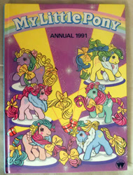 Size: 356x468 | Tagged: safe, derpibooru import, player, swinger, tap dancer, twirler, earth pony, pegasus, pony, unicorn, g1, blushing, book cover, bow, cover, cover art, d.j., female, hair bow, horn, my little pony annual 1991, my little pony logo, official comic, photo, raised hoof, raised leg, smiling, songster, spotlight, spread wings, tail, tail bow, wings