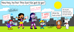 Size: 2611x1128 | Tagged: safe, artist:scratchtvgo, derpibooru import, twilight sparkle, human, equestria girls, g4, brian griffin, city, cityscape, cloud, cyberchase, dialogue, digital art, english, family guy, grass, kenny mccormick, mouthpiece, op is a cuck, op is trying to start shit, outdoors, protest, sign, sky, south park, speech bubble, story included, sun, vulgar