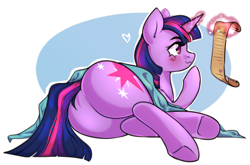 Size: 4000x2644 | Tagged: safe, artist:ranillopa, derpibooru import, twilight sparkle, pony, unicorn, g4, blanket, blushing, butt, crossed legs, female, high res, horn, large butt, levitation, looking at something, lying down, magic, mare, on side, plot, reading, redraw, scroll, solo, telekinesis, twibutt, wavy mouth