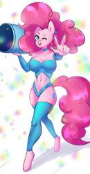 Size: 1667x3199 | Tagged: safe, artist:ranillopa, derpibooru import, pinkie pie, anthro, earth pony, unguligrade anthro, breasts, cleavage, clothes, female, high res, holding, looking at you, midriff, one eye closed, party cannon, peace sign, solo, walking, wink