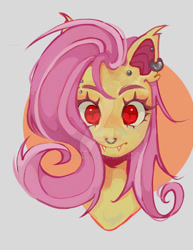 Size: 1024x1324 | Tagged: safe, artist:zucherry, derpibooru import, fluttershy, bat pony, bat ponified, bust, deviantart watermark, ear piercing, earring, fangs, female, flutterbat, jewelry, nose piercing, nose ring, obtrusive watermark, piercing, portrait, race swap, red eyes, solo, watermark