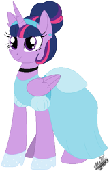 Size: 369x578 | Tagged: safe, artist:greenmarta, derpibooru import, twilight sparkle, twilight sparkle (alicorn), alicorn, pony, g4, alternate hairstyle, choker, cinderella, clothes, cute, dress, ear piercing, earring, female, glass slipper (footwear), gown, hair bun, hairband, jewelry, mare, piercing, poofy shoulders, simple background, solo, transparent background, twiabetes