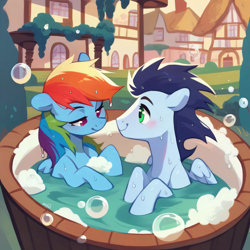 Size: 4096x4096 | Tagged: safe, ai content, derpibooru import, generator:purplesmart.ai, generator:stable diffusion, machine learning generated, rainbow dash, soarin', pegasus, pony, g4, bath, bathing, bathing together, blushing, bubble, duo, duo male and female, female, looking at each other, looking at someone, male, outdoors, prompter:*rainbow dash*, shipping, soarindash, straight, water, wet