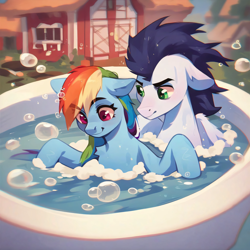 Size: 4096x4096 | Tagged: safe, ai content, derpibooru import, generator:purplesmart.ai, generator:stable diffusion, machine learning generated, rainbow dash, soarin', pegasus, pony, g4, bath, bathing, bathing together, bubble, duo, duo male and female, female, male, outdoors, prompter:*rainbow dash*, shipping, smiling, soarindash, straight, water, wet