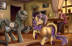 Size: 2648x1692 | Tagged: safe, artist:pridark, derpibooru import, oc, oc only, oc:gusty, oc:iron feather, oc:lotus cinder, human, kirin, pegasus, pony, fanfic:words of power, blushing, butt, female, indoors, kirin oc, male, mare, pegasus oc, plot, stallion