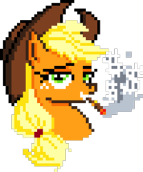 Size: 1000x1200 | Tagged: safe, artist:bizarredawdler, artist:lilou41, derpibooru import, applejack, earth pony, pony, g4, bust, cigar, digital art, dollar sign, female, hat, looking at you, manepxls, mare, pixel art, pxls.space, simple background, smoke, smoking, solo, transparent background