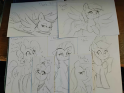 Size: 791x593 | Tagged: safe, artist:taurson, derpibooru import, applejack, derpy hooves, fluttershy, pinkie pie, princess luna, alicorn, earth pony, pegasus, pony, g4, female, flying, grayscale, grin, mare, monochrome, pencil drawing, smiling, spread wings, traditional art, wings