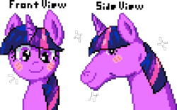 Size: 990x612 | Tagged: safe, artist:koasku, artist:tihan, derpibooru import, twilight sparkle, pony, g4, digital art, female, front view, hoers, looking at you, manepxls, mare, pixel art, pxls.space, side view, simple background, smiling, solo, sparkles, text, transparent background