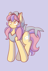 Size: 1365x2048 | Tagged: safe, artist:mscolorsplash, derpibooru import, oc, oc only, oc:daisy wave, earth pony, pony, animal costume, costume, eyebrows, eyebrows visible through hair, female, mare, no pupils, pigtails, purple background, shark costume, simple background, solo, tongue, tongue out