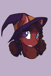 Size: 1200x1800 | Tagged: safe, artist:mscolorsplash, derpibooru import, oc, oc only, earth pony, pony, afro puffs, bust, dreadlocks, female, grin, hat, heterochromia, mare, purple background, simple background, smiling, solo, witch hat