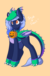 Size: 1365x2048 | Tagged: safe, artist:mscolorsplash, derpibooru import, oc, oc only, earth pony, pegasus, candy, clothes, costume, dragon costume, eye clipping through hair, eyebrows, eyebrows visible through hair, female, food, halloween, holiday, mare, mouth hold, nightmare night costume, no pupils, orange background, pumpkin bucket, simple background, smiling, solo, trick or treat