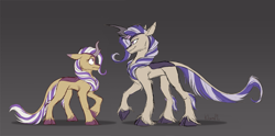 Size: 2893x1437 | Tagged: safe, artist:klarapl, derpibooru import, oc, oc only, oc:lotus cinder, oc:searing gale, kirin, fanfic:words of power, duo, evil twin, female, gradient background, kirin oc, mare, reference sheet