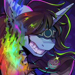 Size: 1000x1000 | Tagged: safe, artist:breloomsgarden, derpibooru import, oc, oc only, oc:shifty sights, unicorn, fanfic:iron hearts, amulet, blind, blindfold, bust, chaos, commissioner:sfaccountant, cultist, fire, grin, horn, jewelry, mage, magic, portrait, smiling, solo, tzeentch, unicorn oc, warhammer (game), warhammer 40k