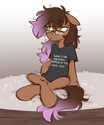 Size: 1444x1736 | Tagged: safe, artist:crimmharmony, derpibooru import, oc, oc only, oc:be sharp, earth pony, pony, clothes, colored sketch, crossed legs, ears, ears back, earth pony oc, exhausted, floppy ears, glasses, gradient background, looking away, male, meme shirt, shirt, sitting, sketch, solo, stallion, t-shirt, text on clothing, tired