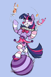 Size: 1383x2100 | Tagged: safe, artist:crimmharmony, derpibooru import, twilight sparkle, unicorn twilight, semi-anthro, unicorn, alcohol, bipedal, blush lines, blushing, clothes, clown, clown makeup, clown nose, cocktail, cocktail glass, drink, female, grin, horn, looking at you, mare, nervous, nervous smile, outfit, raised hoof, raised leg, red nose, smiling, smiling at you, solo