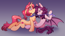 Size: 3656x2000 | Tagged: safe, artist:crimmharmony, derpibooru import, oc, oc only, oc:crimm harmony, bat pony, pony, unicorn, bat pony oc, bat wings, blushing, cherry, collar, duo, ears back, ears up, flirting, food, gradient background, horn, leash, looking at each other, looking at someone, oc x oc, raised hoof, raised leg, shipping, smiling, smiling at each other, smirk, smug, spread wings, tugging, unicorn oc, wings