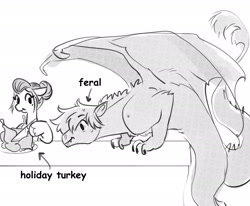 Size: 3000x2477 | Tagged: safe, artist:opalacorn, derpibooru import, oc, oc:void, bird, dragon, pegasus, pony, black and white, dragon oc, drool, duo, duo male and female, eating, female, feral, food, grayscale, holiday, hoof hold, knife, magnetic hooves, male, mare, meat, mole, monochrome, non-pony oc, ponies eating meat, simple background, text, thanksgiving, turkey, white background