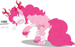 Size: 3349x2136 | Tagged: safe, artist:facelessjr, derpibooru import, pinkie pie, hengstwolf, monster pony, pony, werewolf, g4, alternate cutie mark, alternate hairstyle, alternate universe, amulet, antlers, balloonbutt, bandage, bloodborne, butt, clothes, covering, creepy, creepy smile, detached sleeves, dialogue, drool, ear tufts, fangs, fetlock tuft, jewelry, long mane, long tail, looking at you, looking back, looking back at you, monster, nightmare night, paws, plot, ribs, sharp teeth, simple background, smiling, tail, teeth, transparent background, unshorn fetlocks, veil