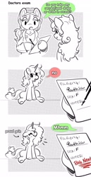 Size: 2109x4096 | Tagged: safe, artist:opalacorn, derpibooru import, oc, oc only, oc:pathia, earth pony, pony, unicorn, g4, comic, dialogue, doctor, duo, duo female, emanata, female, hoof hold, horn, mare, simple background, smiling, white background, writing