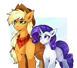 Size: 3000x2634 | Tagged: safe, artist:buvanybu, derpibooru import, applejack, rarity, earth pony, pony, unicorn, applejack's hat, blushing, clothes, cowboy hat, duo, duo female, female, gradient background, hat, horn, lesbian, passepartout, rarijack, scarf, shipping, size difference, straw in mouth