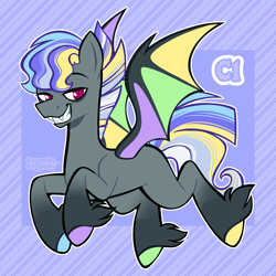 Size: 3000x3000 | Tagged: safe, artist:3ggmilky, derpibooru import, oc, oc only, bat pony, pony, undead, vampire, vampony, g4, adoptable, bags under eyes, baldur's gate, bat pony oc, blank flank, coat markings, colored hooves, colored pupils, colored wings, crossover fusion, fangs, fetlock tuft, flying, fusion:astarion, fusion:rainbow dash, gradient legs, gray coat, gray wings, high res, hooves, lidded eyes, looking back, magenta eyes, magenta pupils, male, mismatched hooves, multicolored hooves, multicolored mane, multicolored tail, multicolored wings, outline, passepartout, purple text, signature, slit eyes, smiling, socks (coat marking), solo, spread wings, stallion, striped background, tail, three quarter view, wings