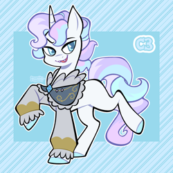 Size: 3000x3000 | Tagged: safe, artist:3ggmilky, derpibooru import, oc, oc only, pony, undead, unicorn, vampire, vampony, g4, adoptable, baldur's gate, bipedal, blank flank, blouse, blue eyes, blue hooves, blue pupils, blue text, brooch, clothes, colored hooves, colored pupils, crossover fusion, eyebrows, fangs, fluffy mane, fusion:astarion, fusion:rarity, high res, hooves, horn, jewelry, long sleeved shirt, long sleeves, long tail, looking back, male, open mouth, open smile, outline, passepartout, raised eyebrow, raised hoof, raised leg, shirt, signature, smiling, solo, square pupils, stallion, striped background, tail, three toned mane, three toned tail, unicorn horn, unicorn oc, white coat