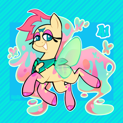 Size: 3000x3000 | Tagged: safe, artist:3ggmilky, derpibooru import, oc, oc only, flutter pony, pony, g4, adoptable, bandana, blank flank, blue text, coat markings, colored eyelashes, colored hooves, colored pupils, colored wings, crossover fusion, ethereal mane, ethereal tail, eyelashes, female, female oc, flowing mane, flowing tail, flying, fusion:fluttershy, fusion:queen bee-lzebub, gradient mane, gradient tail, green eyelashes, green eyes, green wings, hellaverse, helluva boss, high res, hooves, leg markings, lidded eyes, long eyelashes, long mane, long tail, looking back, mare, multicolored mane, multicolored tail, multiple eyes, neckerchief, open mouth, open smile, outline, passepartout, pink hooves, raised hoof, raised leg, shiny hooves, signature, small wings, smiling, socks (coat marking), solo, spread wings, square pupils, striped background, stripes, tail, teal pupils, third eye, three eyes, three quarter view, transparent wings, wings, yellow coat