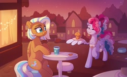 Size: 2048x1255 | Tagged: safe, artist:skysorbett, derpibooru import, oc, oc only, oc:pair ghertz, oc:sky sorbet, pegasus, pony, autumn, building, cafe, duo, duo female, evening, eyes closed, female, folded wings, food, house, mare, muffin, outdoors, pegasus oc, sitting, smiling, street, table, wing hold, wings