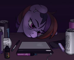 Size: 1280x1040 | Tagged: safe, artist:xwosya, derpibooru import, oc, oc only, oc:xwosya, pony, airpods, bags under eyes, bust, depressed, depression, desk, drawing, drawing tablet, drink, earbuds, ears, energy drink, female, floppy ears, indoors, monster energy, phone, portrait, solo, stylus, tired, vape, wacom