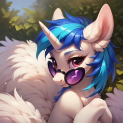 Size: 1024x1024 | Tagged: safe, ai content, derpibooru import, generator:pony diffusion v6 xl, generator:stable diffusion, machine learning generated, dj pon-3, vinyl scratch, pony, unicorn, g4, glasses, horn, outdoors, prompter:teonanakatle, solo