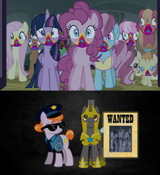 Size: 1274x1391 | Tagged: artist needed, safe, anonymous artist, artist:korsoo, artist:neighthirst, derpibooru import, edit, edited screencap, screencap, big macintosh, cheerilee, cherry berry, copper top, cup cake, fluttershy, mochaccino, pinkie pie, pound cake, pumpkin cake, rare find, spike, twilight sparkle, twilight sparkle (alicorn), alicorn, dragon, earth pony, pegasus, pony, unicorn, 28 pranks later, g4, alternate ending, alternate scenario, armor, backfire, bad end, clothes, comic, cookie zombie, cuffs, derp, female, foal, glasses, glowing, glowing horn, horn, karma, male, mare, misunderstanding, necktie, oh crap, oh no, oops, police, police hat, police officer, police pony, police uniform, prank gone wrong, reference, reference in the description, royal guard, royal guard armor, stallion, story included, sunglasses, this will end in jail time, uh oh, wanted poster